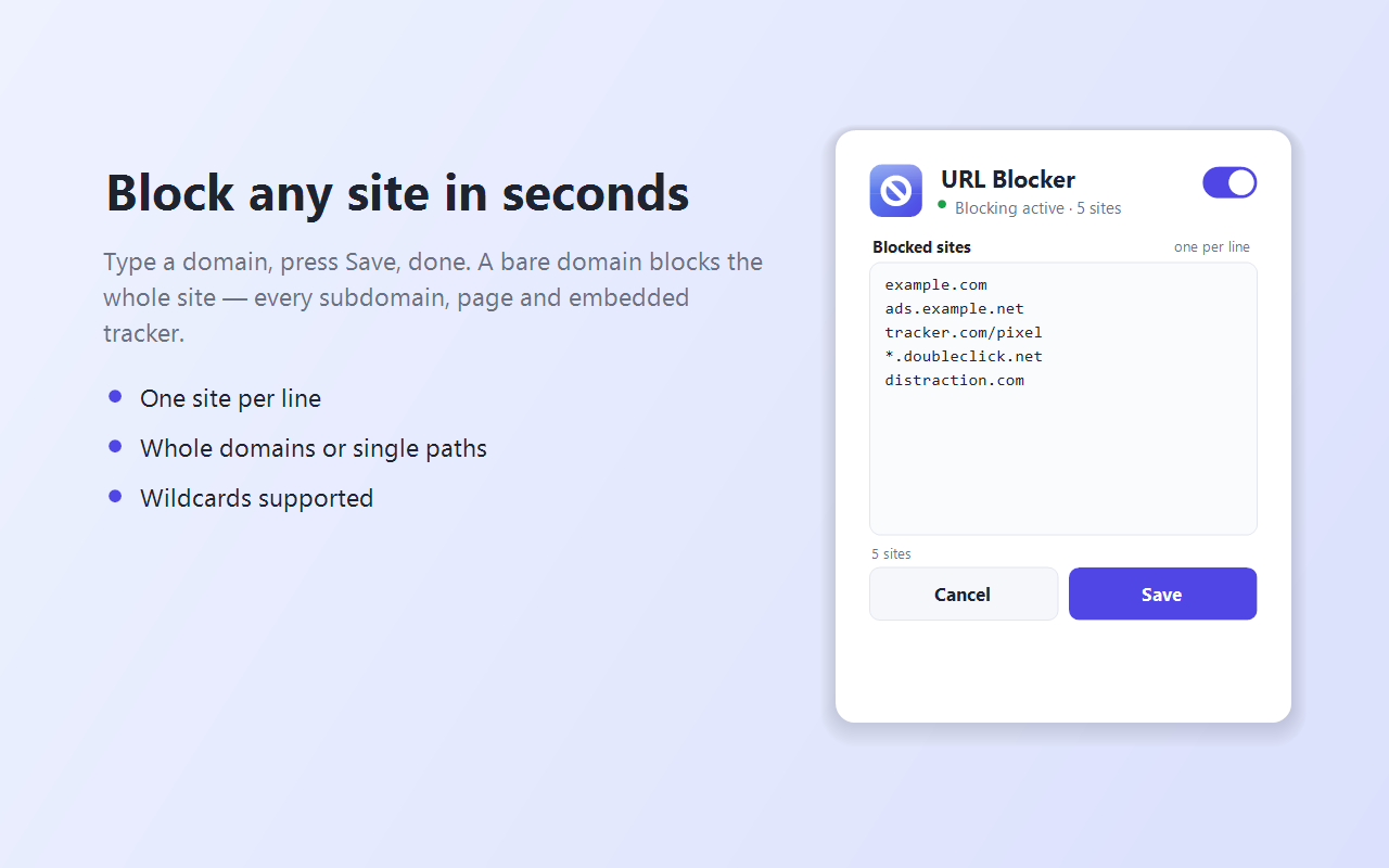The URL Blocker popup editor, showing a list of blocked sites
